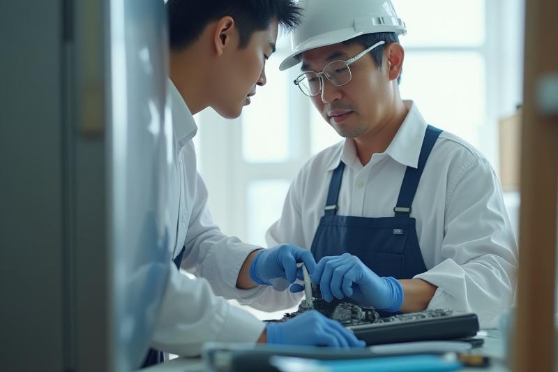 熟練の技術者が電化製品を修理している様子。プロフェッショナルで信頼できるサービスを象徴するイメージ。